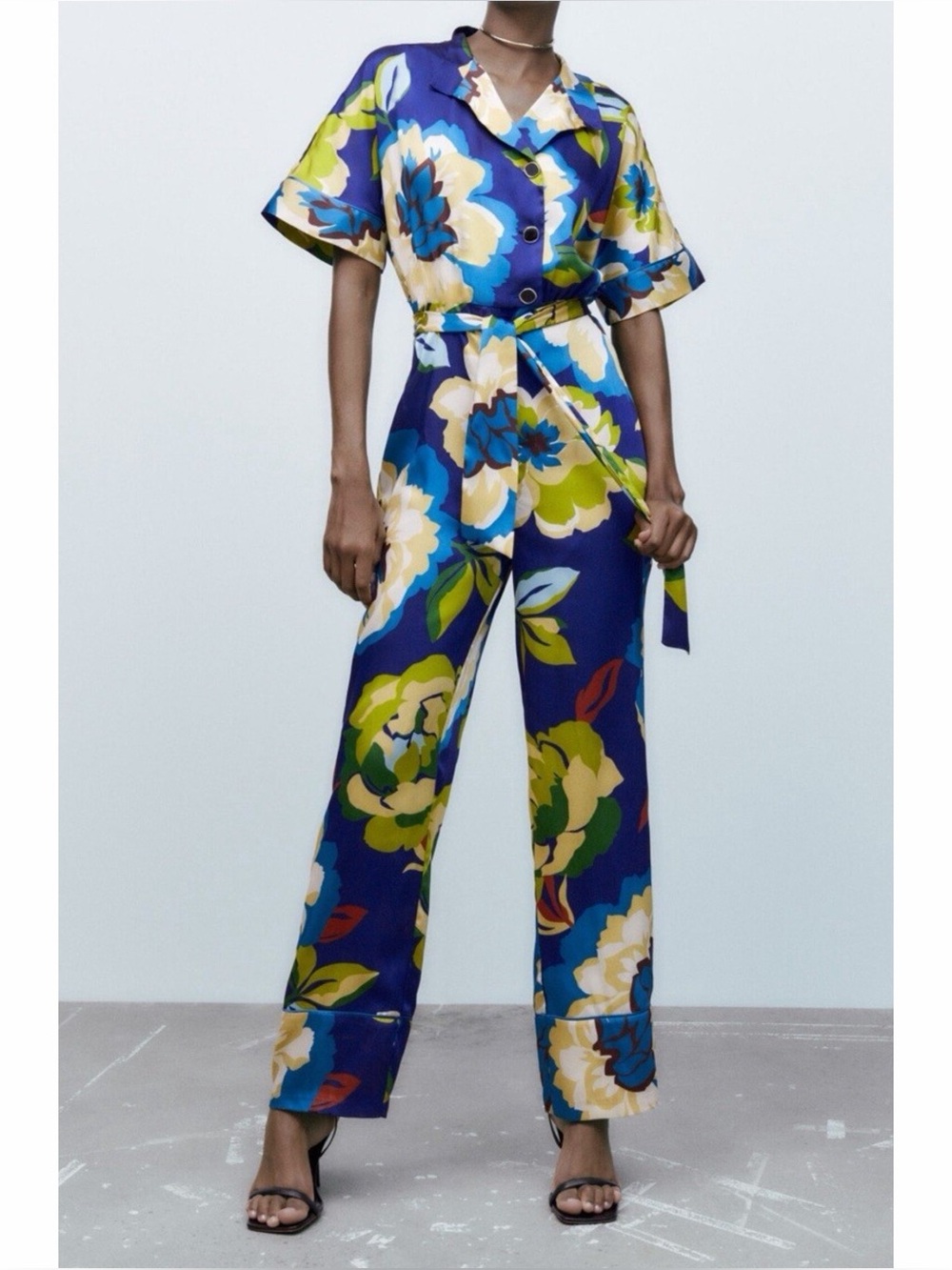 NWT Zara Satin Groovy Floral Printed Belted Jumpsuit